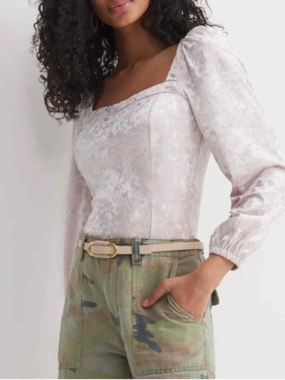 Anthropologie Jessima Neutral Blush Velvet Square Neck Puff Sleeve Top L